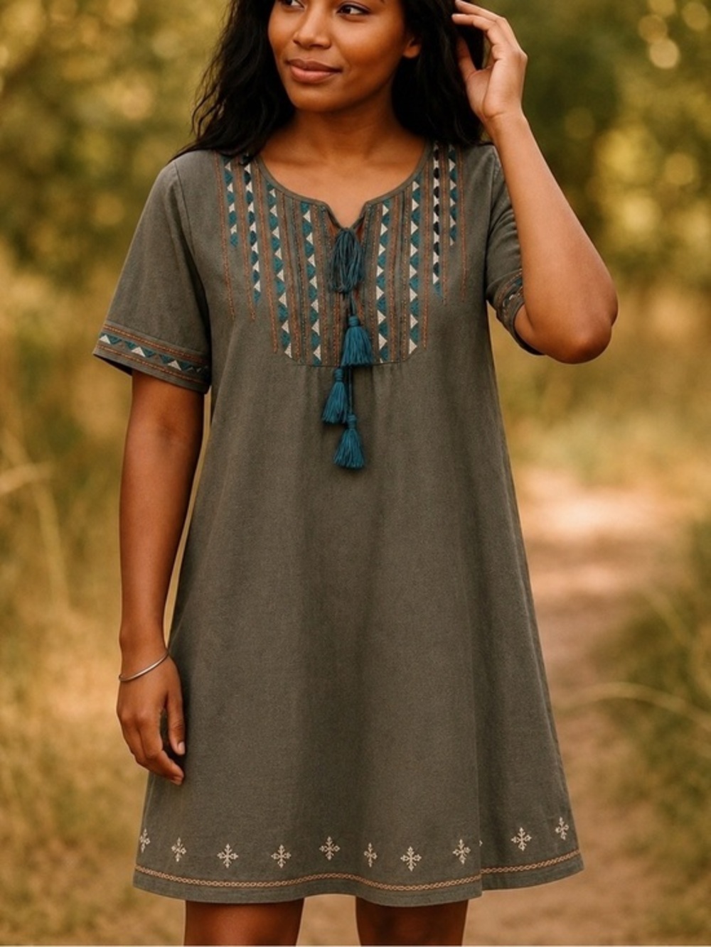 Hayden-LA Army Green Taupe Embroidered Boho Mini Dress Tunic NWT L #1431